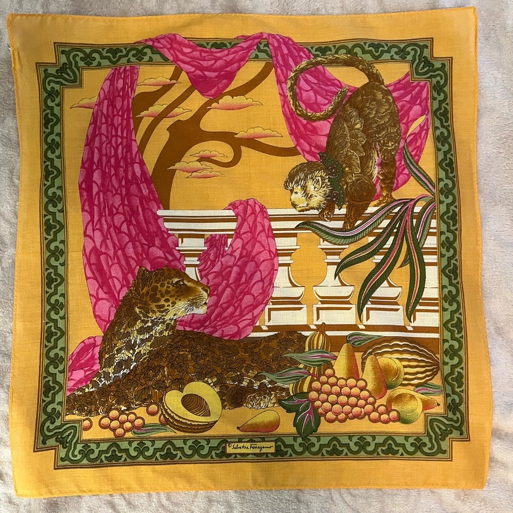 Salvatore Ferragamo Exotic Animal Cotton Handkerchief in Pink and Gold